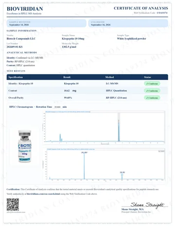 Kisspeptin-10 Certificate of Analysis, lot 202609-01-KS